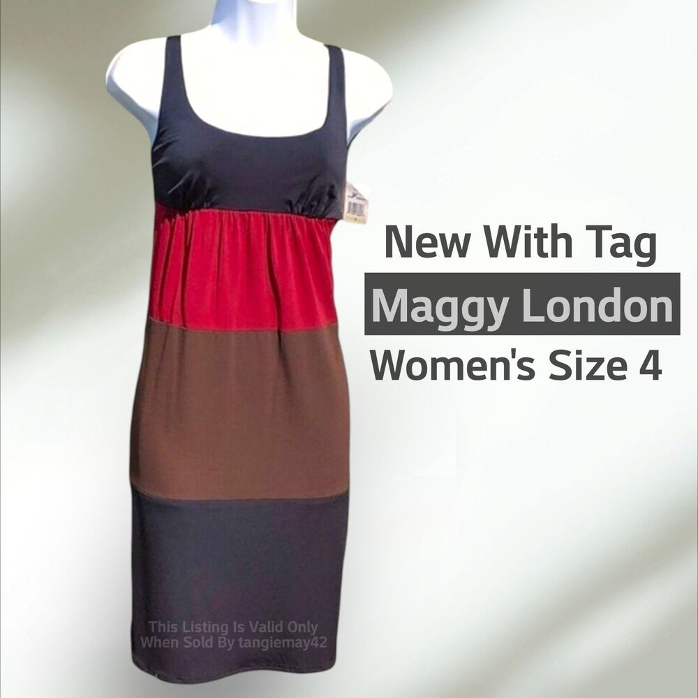 NWT Maggy London Dress Womens 4 Black Red Brown Sleeveless Sheath Colorblock